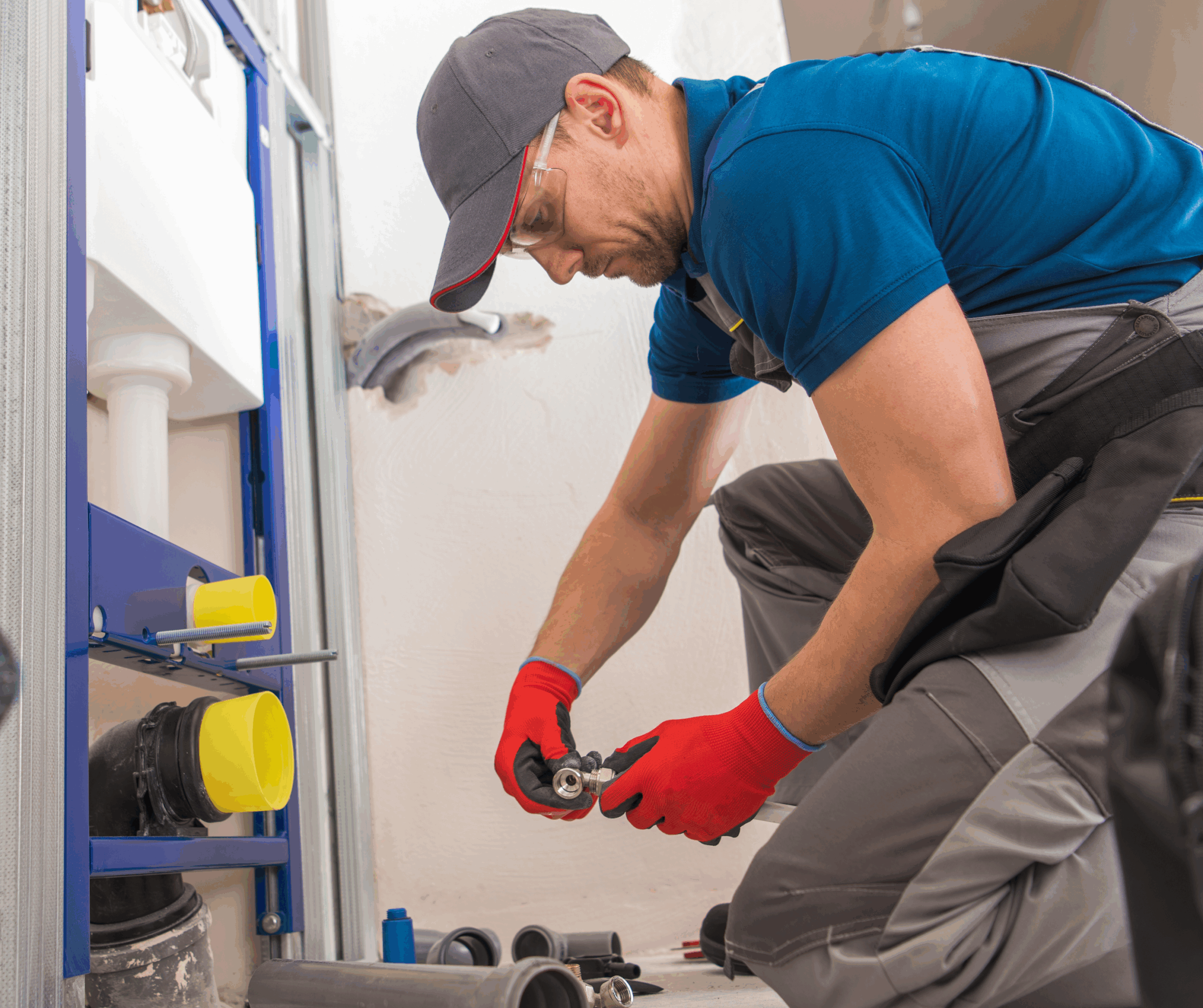 Commercial plumber repairing pipe system in a business facility